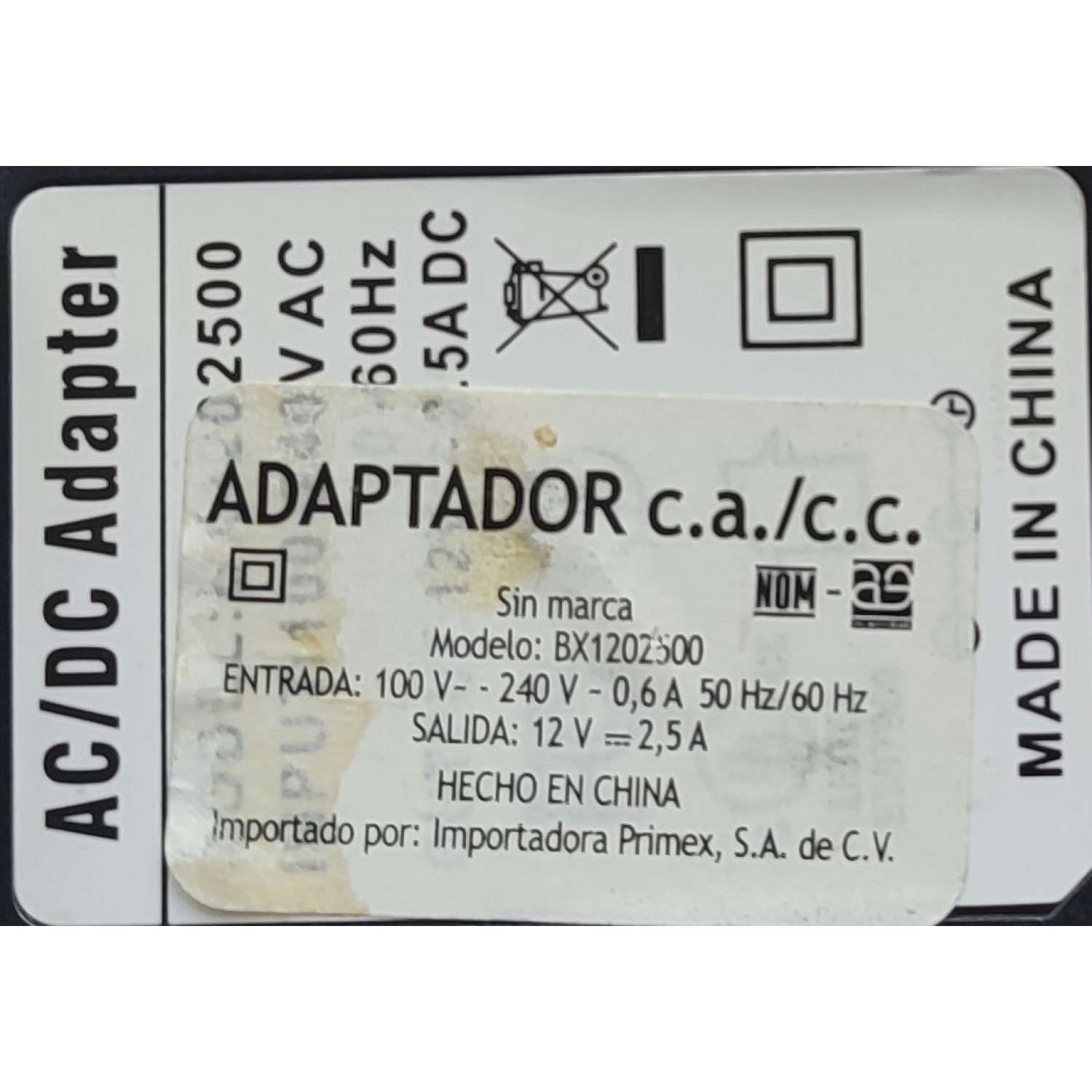 ADAPTADOR AC / NUMERO DE PARTE BX1202500 / 12VCD - 2.5A	 - Imagen 2